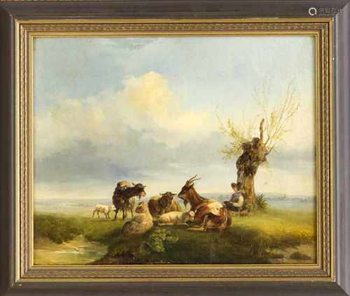 Franz Heicke, dt. Maler Mitte 19. Jh., unter einer Kopfweide rastender Hirte mit seinerkleinen Herde