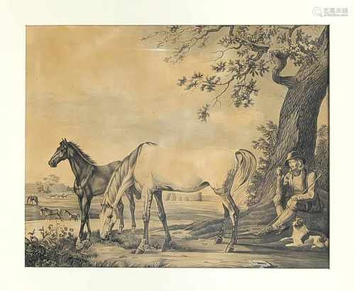 J. Himmighoffen, Zeichner um 1830, rastender Hirte mit seinem Hunde am Rande einerLandschaft mit