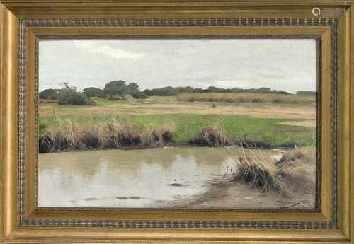 Wilhelm Kuhnert (1865-1926), afrikanische Savanne mit Wasserloch im Vordergrund, Öl aufKarton, u.