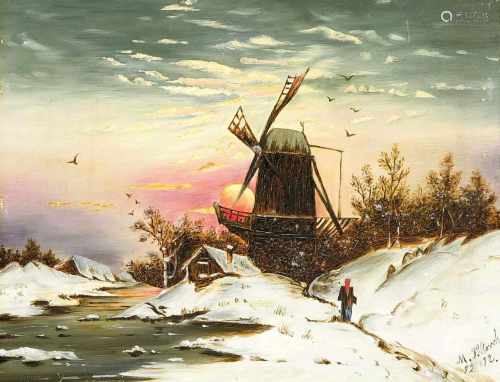 M. Poltrock, 20. Jh., Mühle im Winter, Öl auf Holz, u. re. sign. u. undeutlich dat., 21 x27 cm