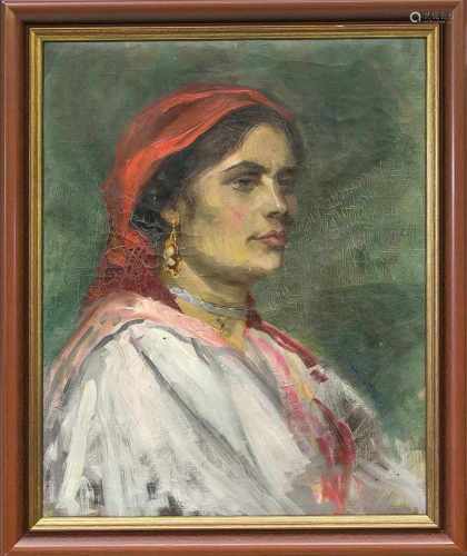 Anonymer Maler um 1900, Portrait einer Spanierin mit roter Kopftracht, Öl auf Lwd.,unsign.,
