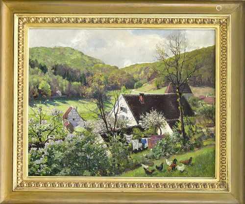 Franz August Otto Krüger (1868-1938), blühende Obstbäume im Thüringer Land, Öl/Lwd, u. re.sign.