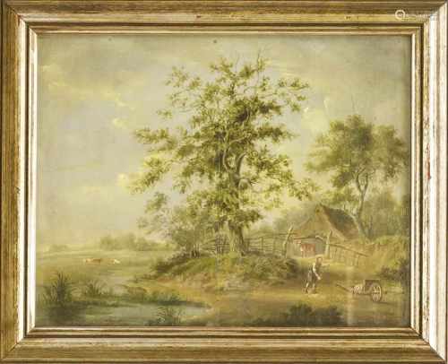 Anonymer Landschaftsmaler des 19. Jh., bäuerliche Landschaften mit Kühen und Bauernpaar,Öl/Lwd.,