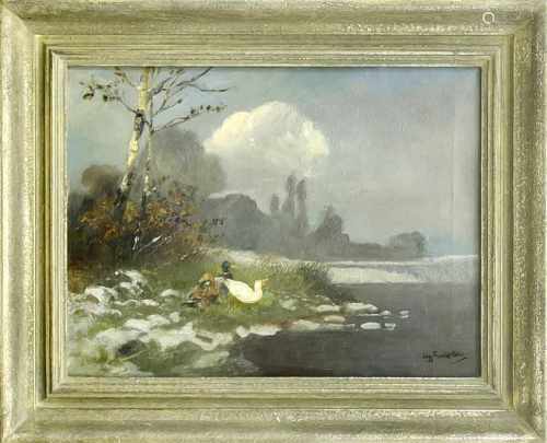 Eugen Frank-Colon, Düsseldorfer Tier- und Landschaftsmaler um 1900, Seeufer mit Enten, Ölauf Lwd.,