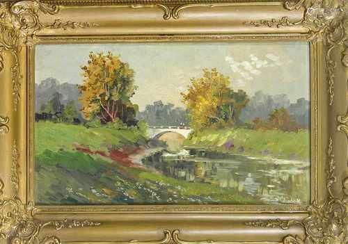 Ludwig von Andok (1890-1981), impressionistische Landschaft mit Brücke im Hintergr., Ölauf Lwd.,