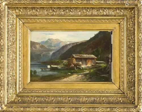 Hugo Veit (1816-1893), in Berlin ansässiger Landschaftsmaler, alpine Landschaft mitkleiner Werft