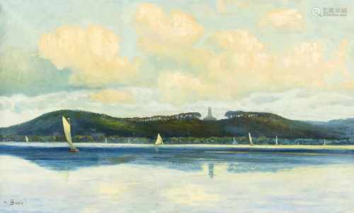 K. Buck, Marinemaler um 1900, Segler auf dem Müggelsee mit der Bismarckwarte imHintergrund, u. li.