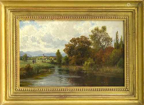 Joseph Schoyerer (1844-1923), Münchner Landschaftsmaler, Voralpenlandschaft mit Blick aufein Dorf