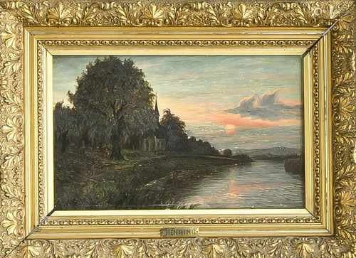 Unidentifizierter Maler, um 1900, Sonnenuntergang am Fluss mit Kirche am Ufer, Öl aufHolz, u. li.