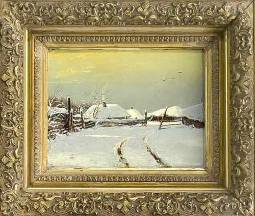 Anonymer russischer Maler des 19. Jh., Ansicht eines verschneiten russischen Dorfes imAbendlicht, Öl