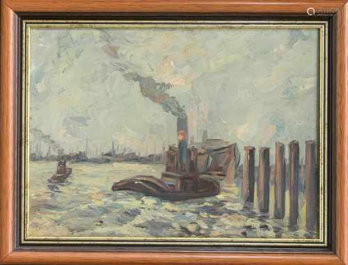 Adolf Joos (1903-1974), Schorndorfer Maler, Schlepper im Hamburger Hafen, Öl auf Karton,u. li.