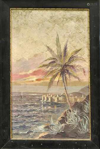 W. Malizow, russischer Maler um 1900, exotische Küstenpartie mit Palme und befestigterStadt im