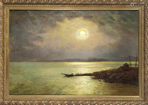 Johansen, dänischer Maler um 1900, Meersbucht bei Vollmond mit Fischer auf nächtlichemFang, Öl/Lwd.,