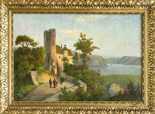 E. Golkner, Landschaftsmaler um 1900, weite Flusslandschaft mit Burgruine undStaffagefiguren, Öl auf