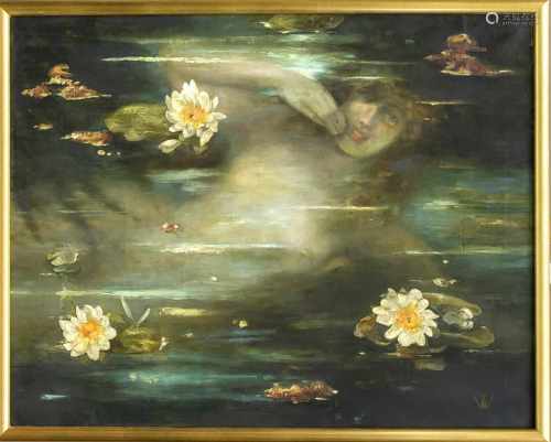 Symbolist um 1900, Nymphe unter der Wasseroberfläche mit darauf schwimmenden Seerosen, Ölauf Lwd.,