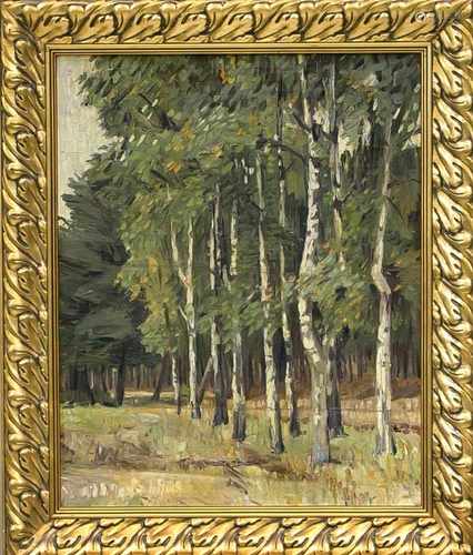 Herrmann, Berliner Impressionist um 1900, Waldstück mit Birken, Öl auf Lwd., unsign.,verso auf altem