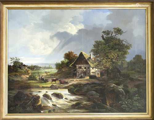 T. Oberhofer, datiert 1849, Landschaft mit Bauernhaus am Bach, im Hintergrund weiteLandschaft mit