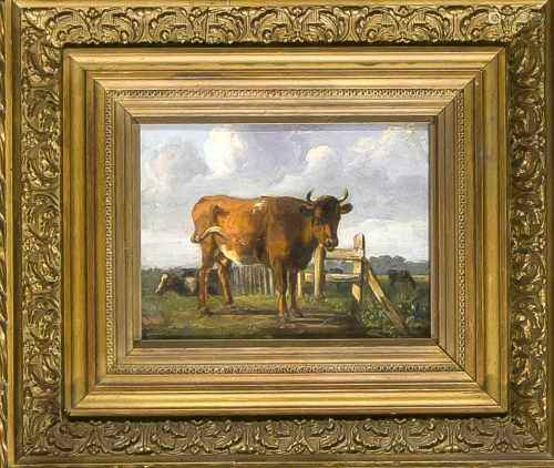 Anonymer Maler um 1900, Kuh, Öl auf Kupferblech, unsign., retusch., ber., 14 x 18 cm, ger.28 x 32