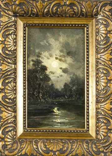 Stimmungsmaler um 1900, Vollmond über nächtlichem See, Öl/Lwd., u. li. undeutlich sign.,31 x 19