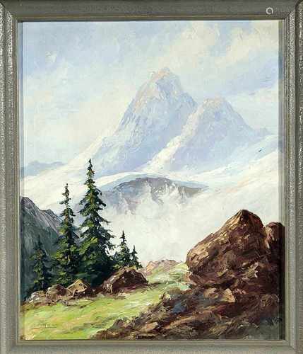 M. de Haas, Alpenlandschaft Mitte 20. Jh., Öl auf Hartfaser, 60 x 50 cm, ger. 70 x 60 cm