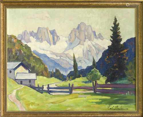 Emil Stratmann (1890-1974), deutscher Maler und Grafiker. Expressive Alpenlandschaft, Ölauf Lwd., u.