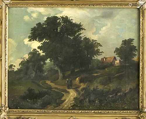 Dt. Maler um 1860, ländliches Idyll mit einem Bauernpaar auf einem von Bäumen gesäumtenWeg, Öl auf