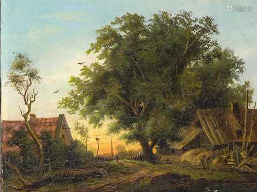 Unidentifizierter Maler, Ende 19. Jh., von großem Baum dominierte Landschaft mit Hof undAusblick auf