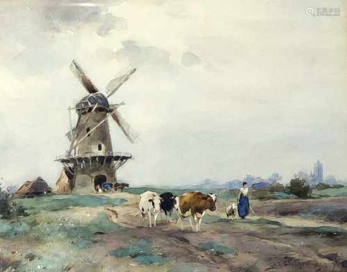 Adrianus Johannes Groenewegen (1874-1963), Landschaft mit Kühen und Bäuerin vor einerWindmühle,