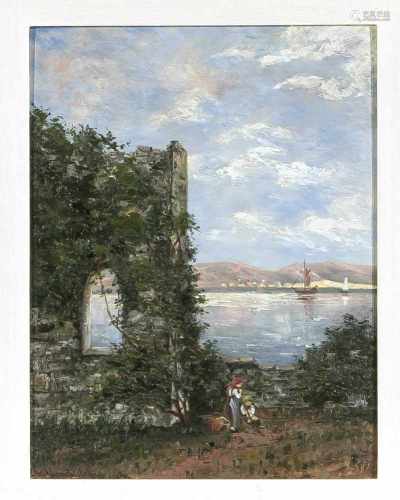 Gustav von Mandelsloh (1806-1880), Landschaftsmaler in Dresden, Kinder an einer am Ufergelegenen