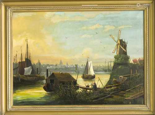 Monogrammist F.J., Maler des 19. Jh., holländischer Hafen mit städtischer Silhouette imAbendlicht,