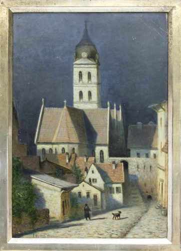 E. Menzel, Maler um 1900, nächtliche Altstadtansicht im Mondlicht mit Figurenstaffage