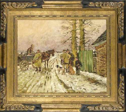 Dt. Maler 1. H. 20. Jh., Gruppe von Jägern vor ihrem Hof in verschneiter Landschaft,Öl/Lwd. auf