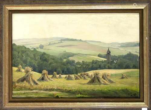 Peter Greeff (1865-1939), hügelige Landschaft mit Bauern bei der Ernte, Öl auf Karton, u.re.