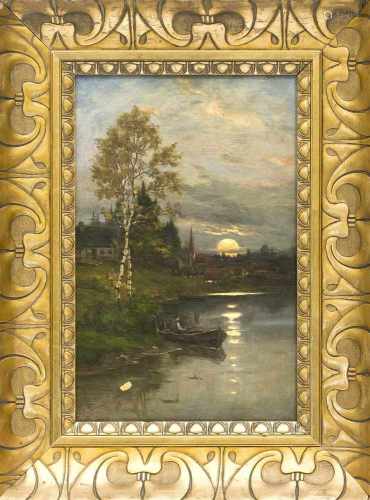 Conrad Eilers (1845-1914), Münchener Landschaftsmaler, Angler am Seeufer beiSonnenuntergang, Öl