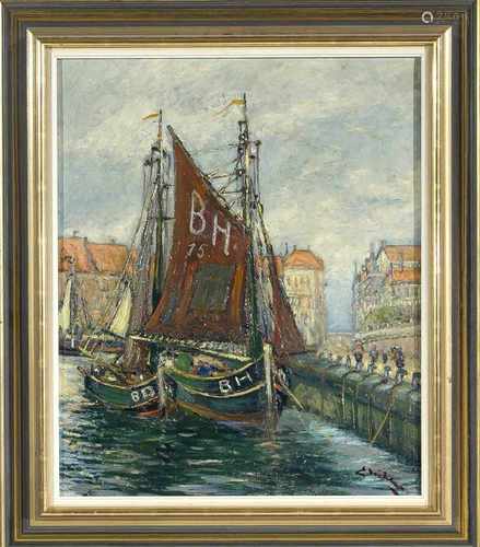 Ewald Mühlen (1883-1944), niederrheinischer Maler, Fischerhafen in Blankenberge inBelgien, Öl auf