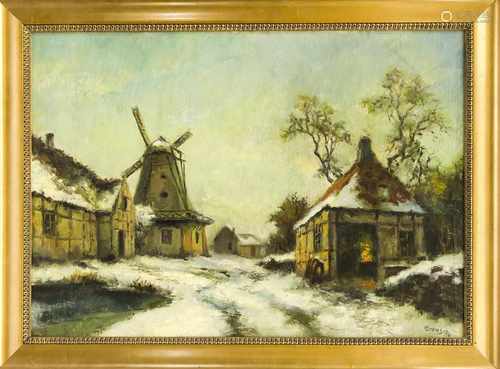 Ove Carl Svenson (1880-1976), dänischer Maler, verschneites Dorf mit Windmühle, Öl/Lwd.,u. re. sign.