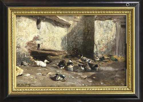 Charles Emile Jacque (1813-1894), frz. Tiermaler, Enten an der Tränke, Öl aufparkettierter