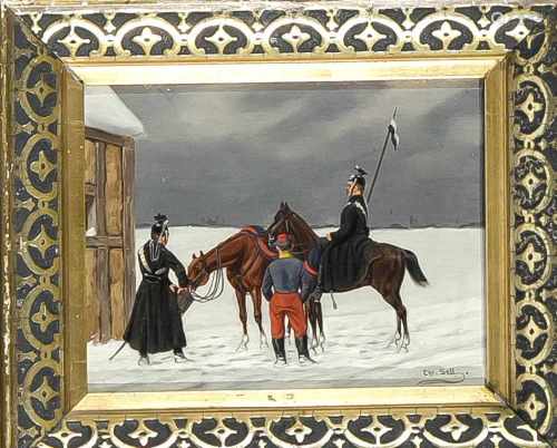 Christian Sell d.J. (1856-1925), Düsseldorfer Militärmaler, verschneite Landschaft mitUlanen bei der