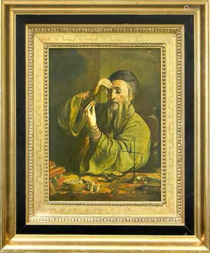 Anonymer Maler um 1900, Darstellung eines Geldwechslers bei der Untersuchung einerGoldmünze, Öl