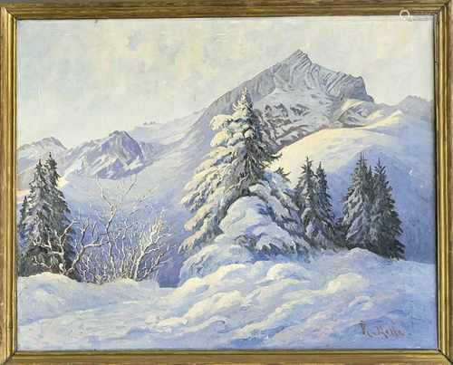 R. Nette, Landschaftsmaler Anfang 20. Jh., alpine Winterlandschaft, Öl auf Lwd., u. re.sign.,