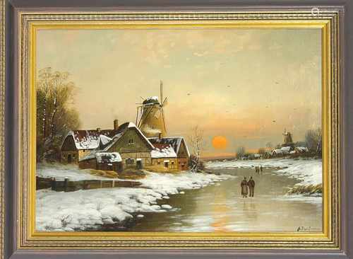 Arnold Forstmann (1842-1904/14), niederländischer Winterlandschaft am Abend mitSpaziergängern auf