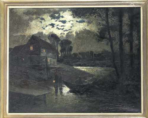 Hans Sörensen-Lund (1859-1920), Boddenlandschaft bei Nacht, zwei Geschwister mit Laternenehmen den