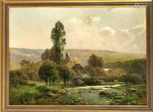 Heinrich Böhmer (1852-1930), Düsseldorfer Landschaftsmaler, hügelige Landschaft mit Dorf.Kühen und