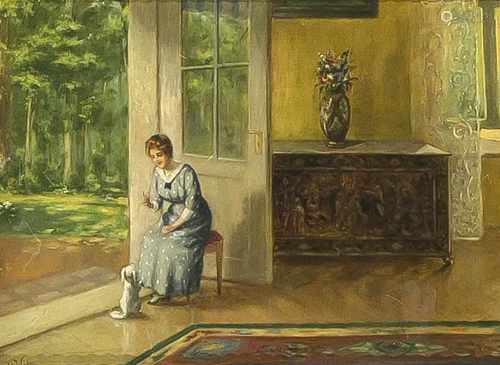 Reinhold de Witt (1863-1932), dt. Genremaler, Landhausinterieur mit junger Frau, die ihrenHund an