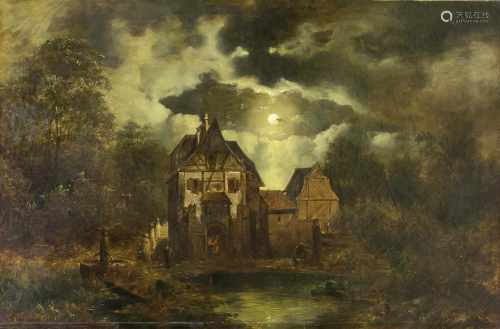L. Herfort, Landschaftsmaler 2. H. 19. Jh., Fachwerkhaus am See mit Schmiede und Brunnenin einer