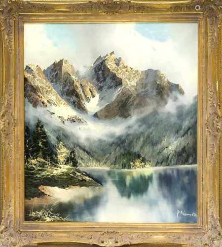 J.E. Lemke, Landschaftsmaler 2. H. 20. Jh., alpines Bergmassiv mit See im Vordergrund, Ölauf Lwd.,