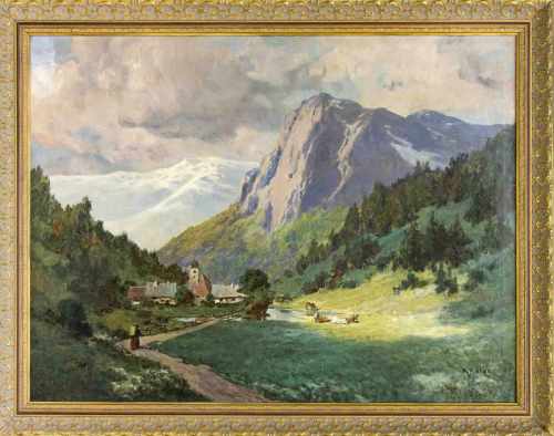 K. Gärge, süddt. Maler um 1900, Alpenlandschaft mit Kühen, Staffagefigur und Dorf imHintergrund,