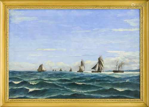 Anonymer Marinemaler Ende 19. Jh., zahlreiche Segelschiffe vor der Küste, Öl auf Lwd.,unsign., 38
