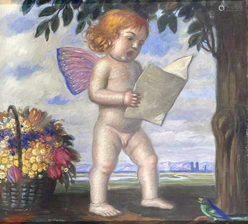 Karl Fuchs (1872-1968), Stuttgarter Maler. lauthals singende Amorette mit Blumenkorb undVögelchen