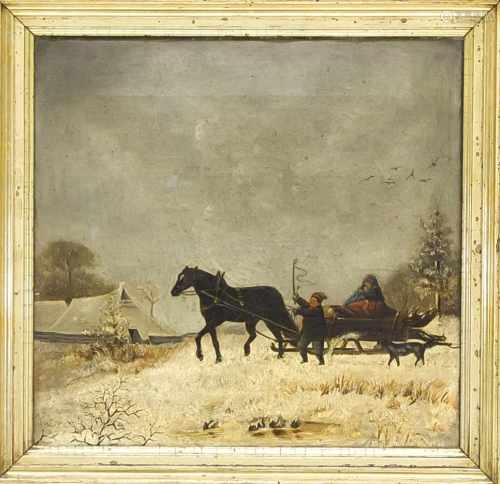 Unidentifizierter, wohl osteuropäischer Maler Ende 19. Jh., Familie auf ihremPferde-Schlitten nähert